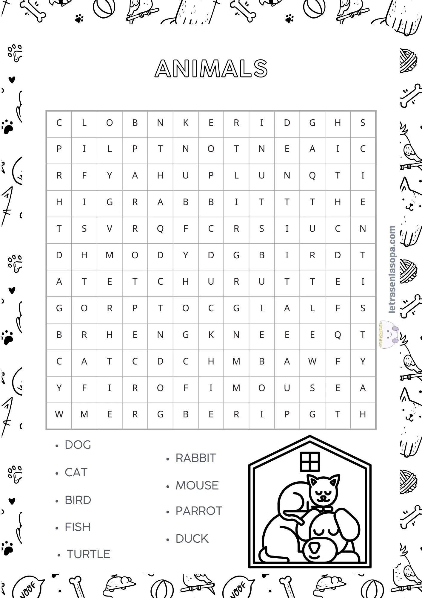 sopa letras animales inglés animales colorear