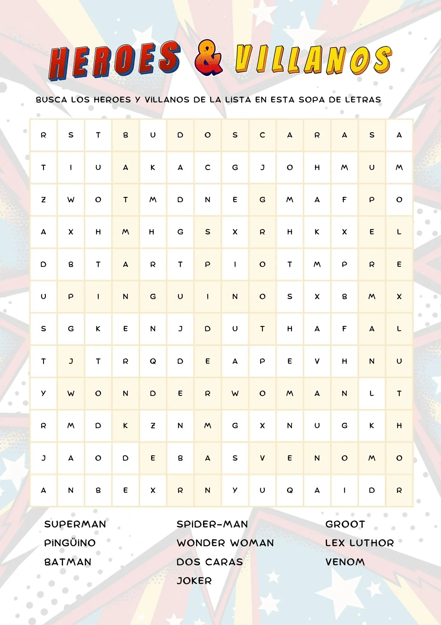 sopas de letras niños super heroes batman soluciones marvel heroes