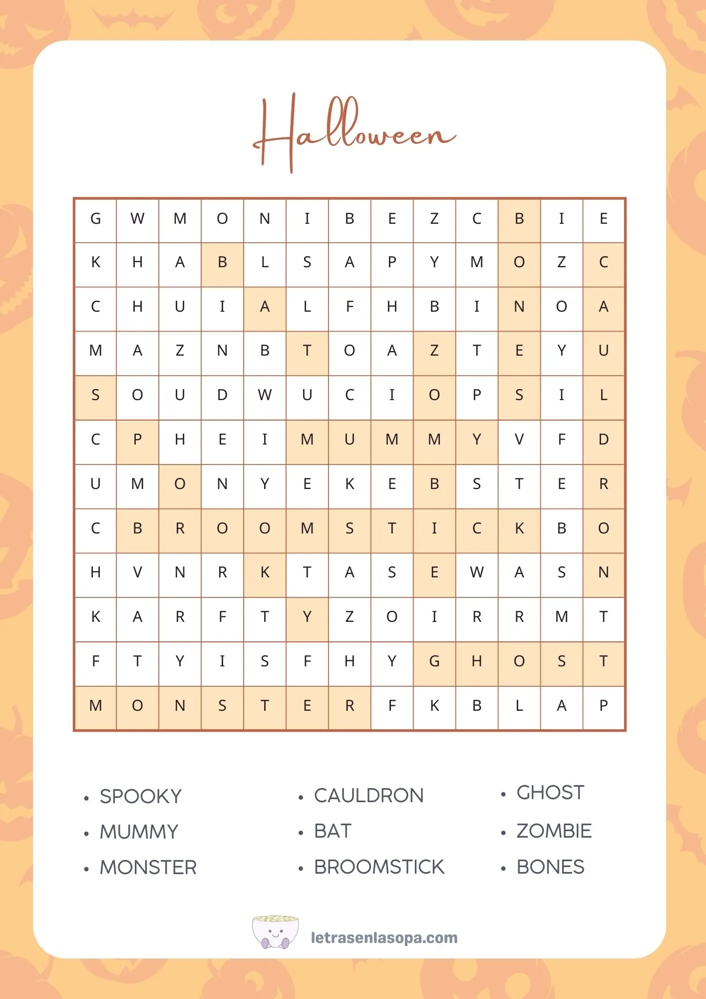 soluciones Sopas de letras halloween en inglés gratis