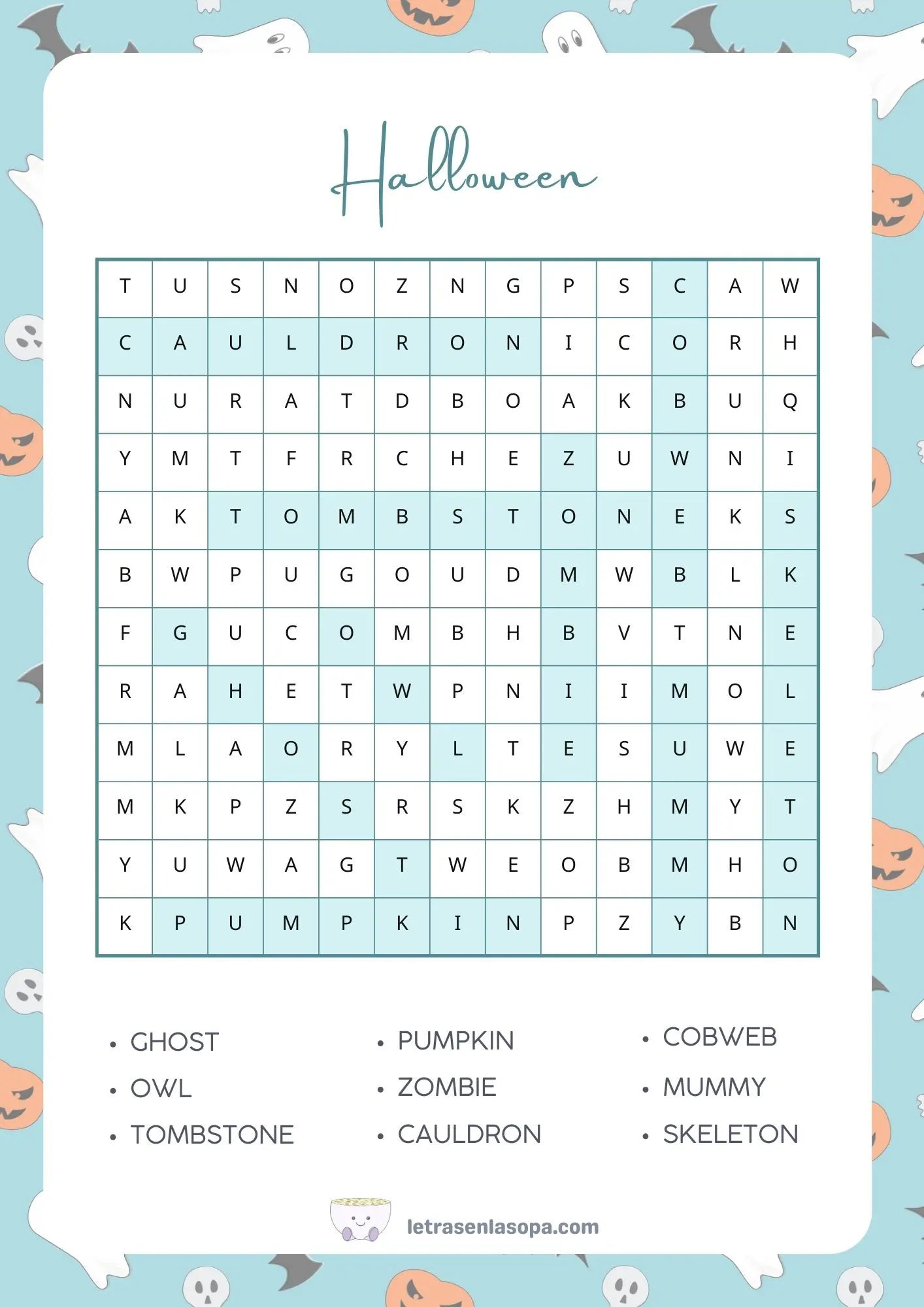 soluciones Sopas de letras halloween en inglés gratis