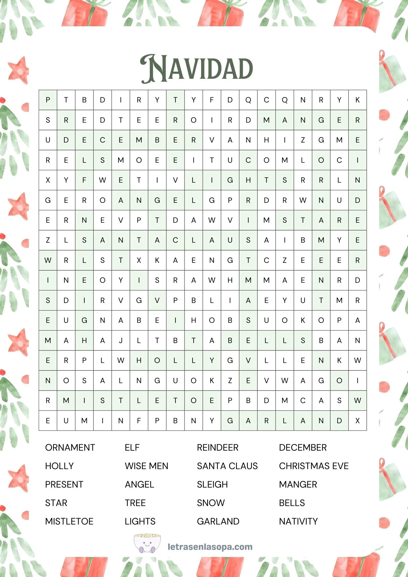 Soluciones Sopas de letras navideñas en inglés gratis
