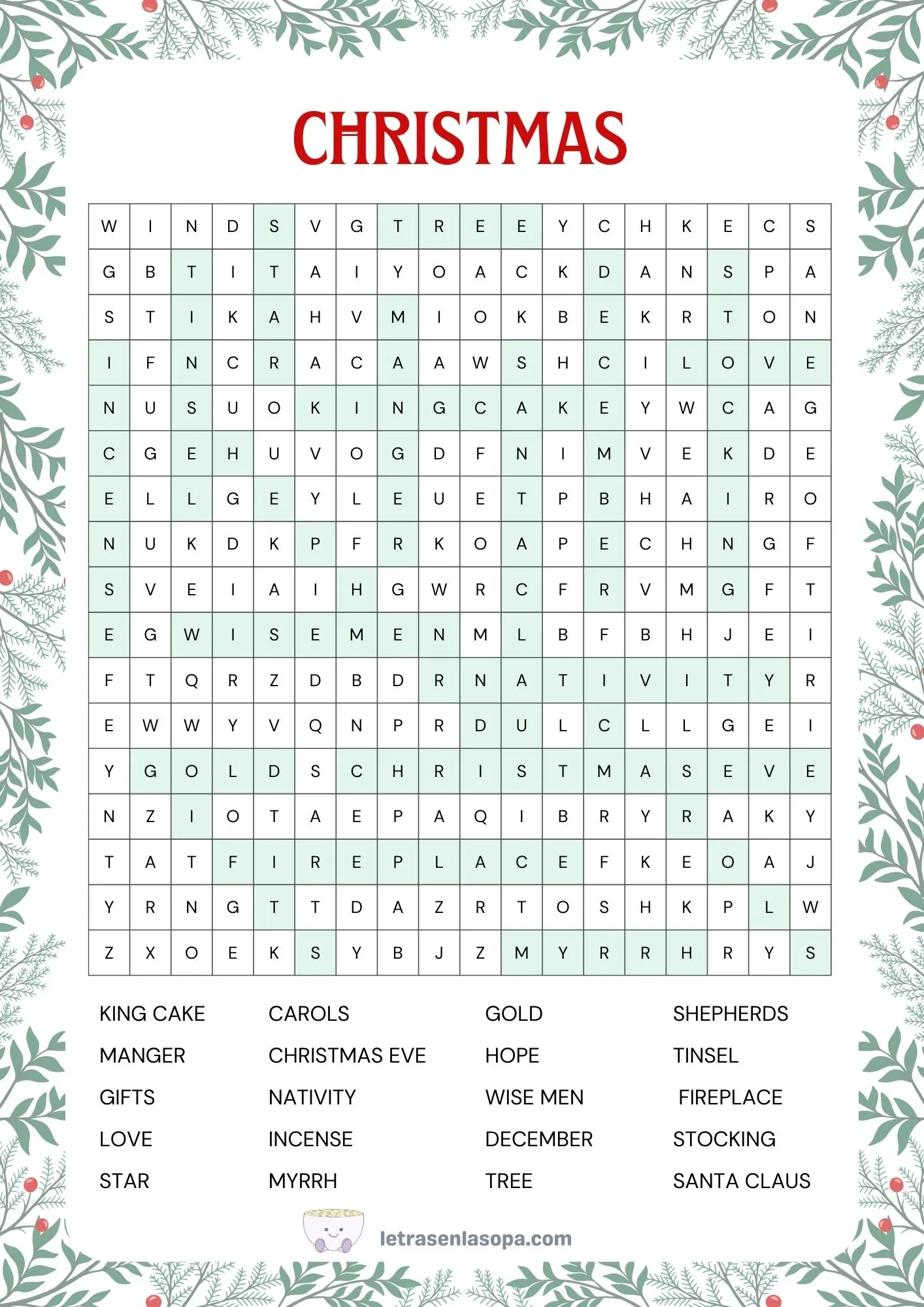 Soluciones Sopas de letras de navidad en inglés gratis