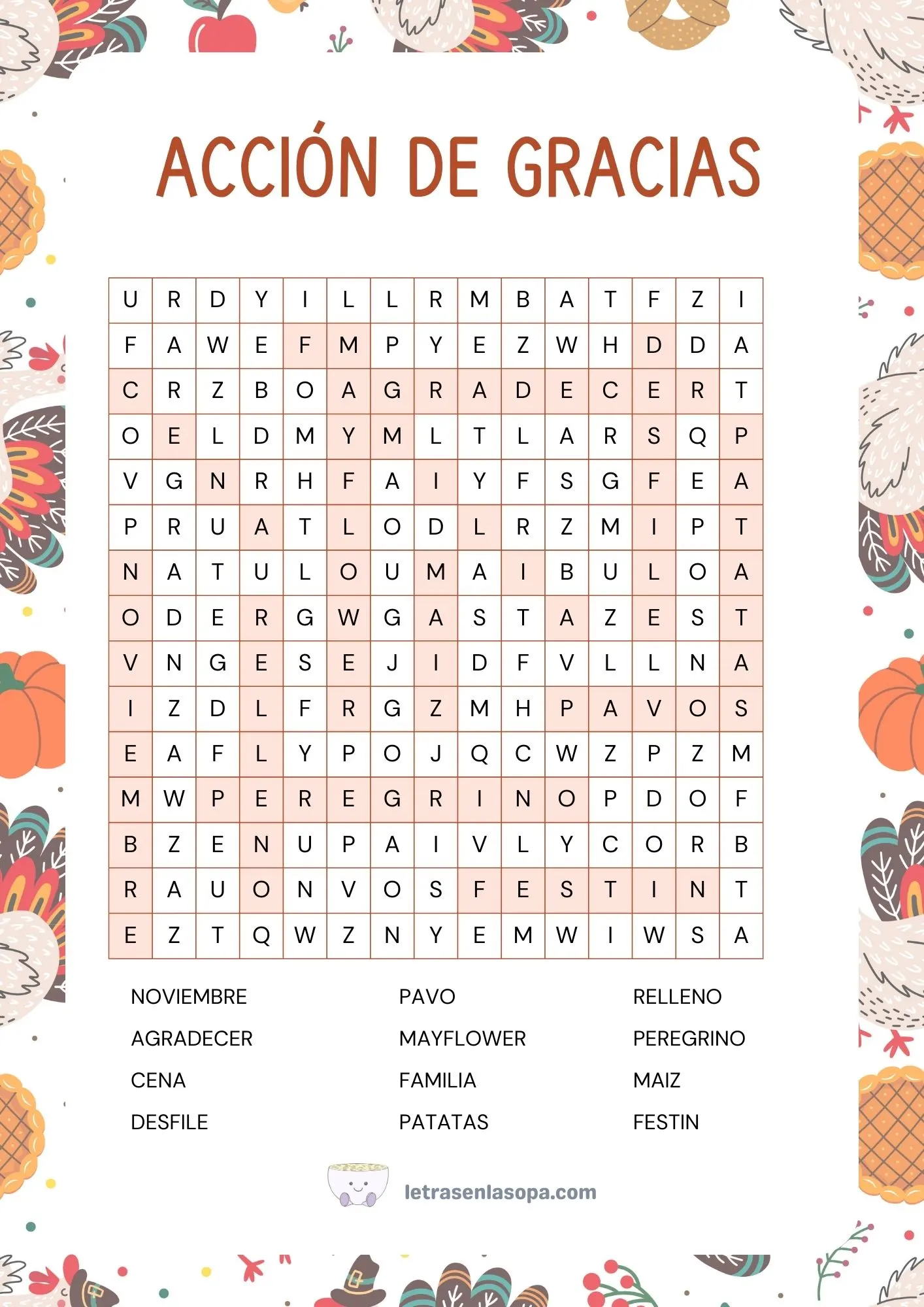 soluciones sopas de letras de acción de gracias para imprimir gratis