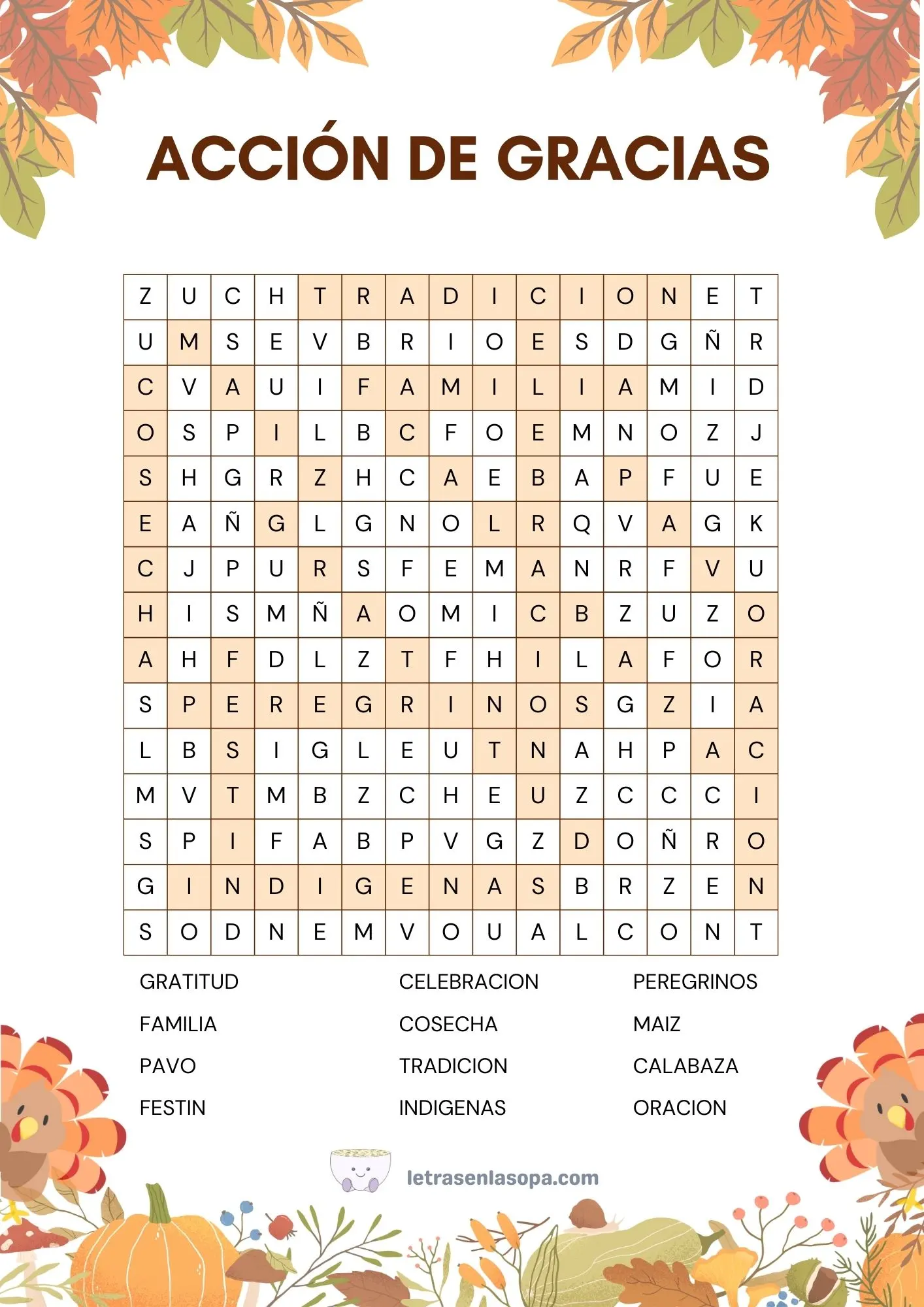 soluciones sopas de letras de acción de gracias para imprimir
