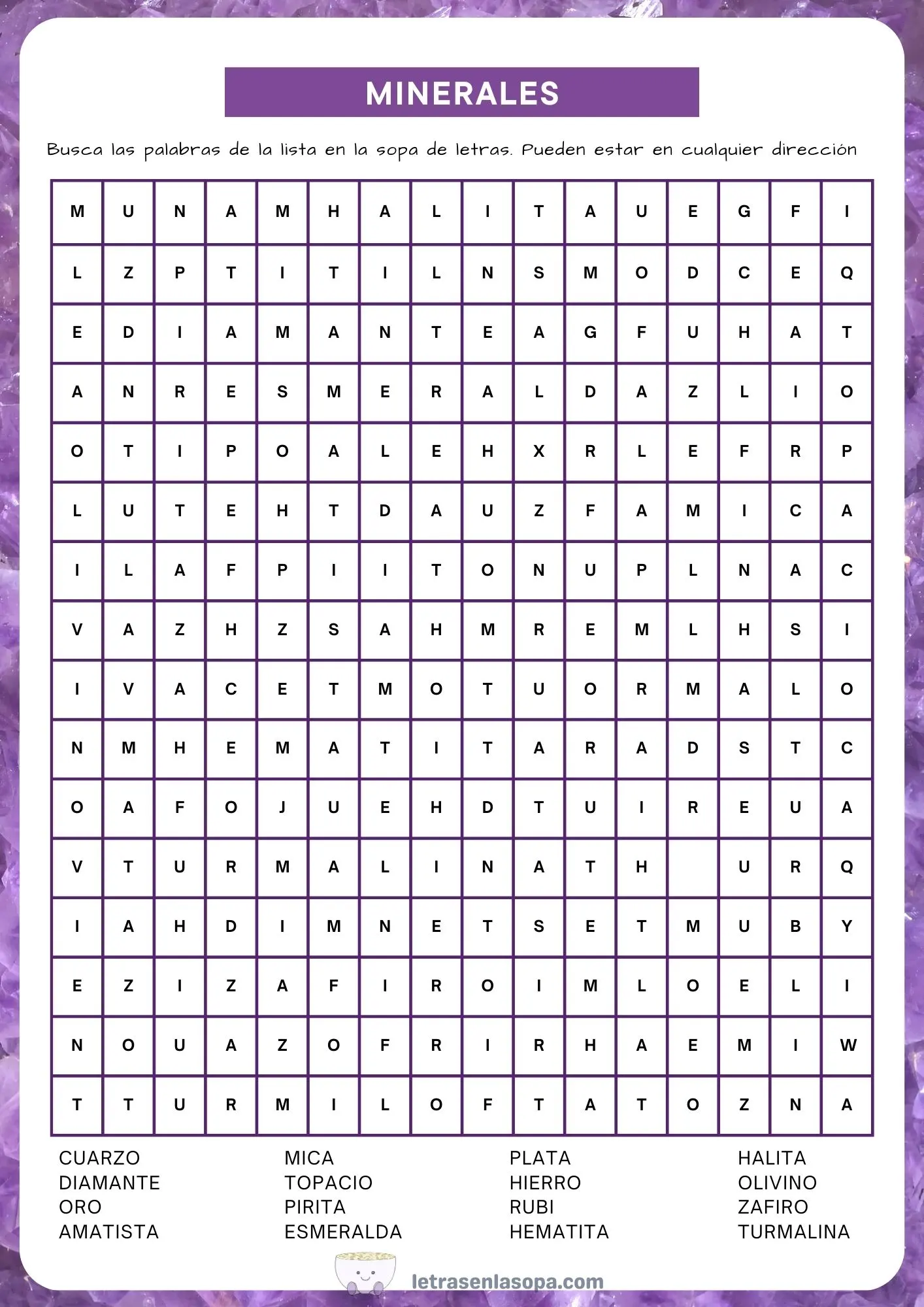 sopas de letras para adultos de minerales difíciles gratis