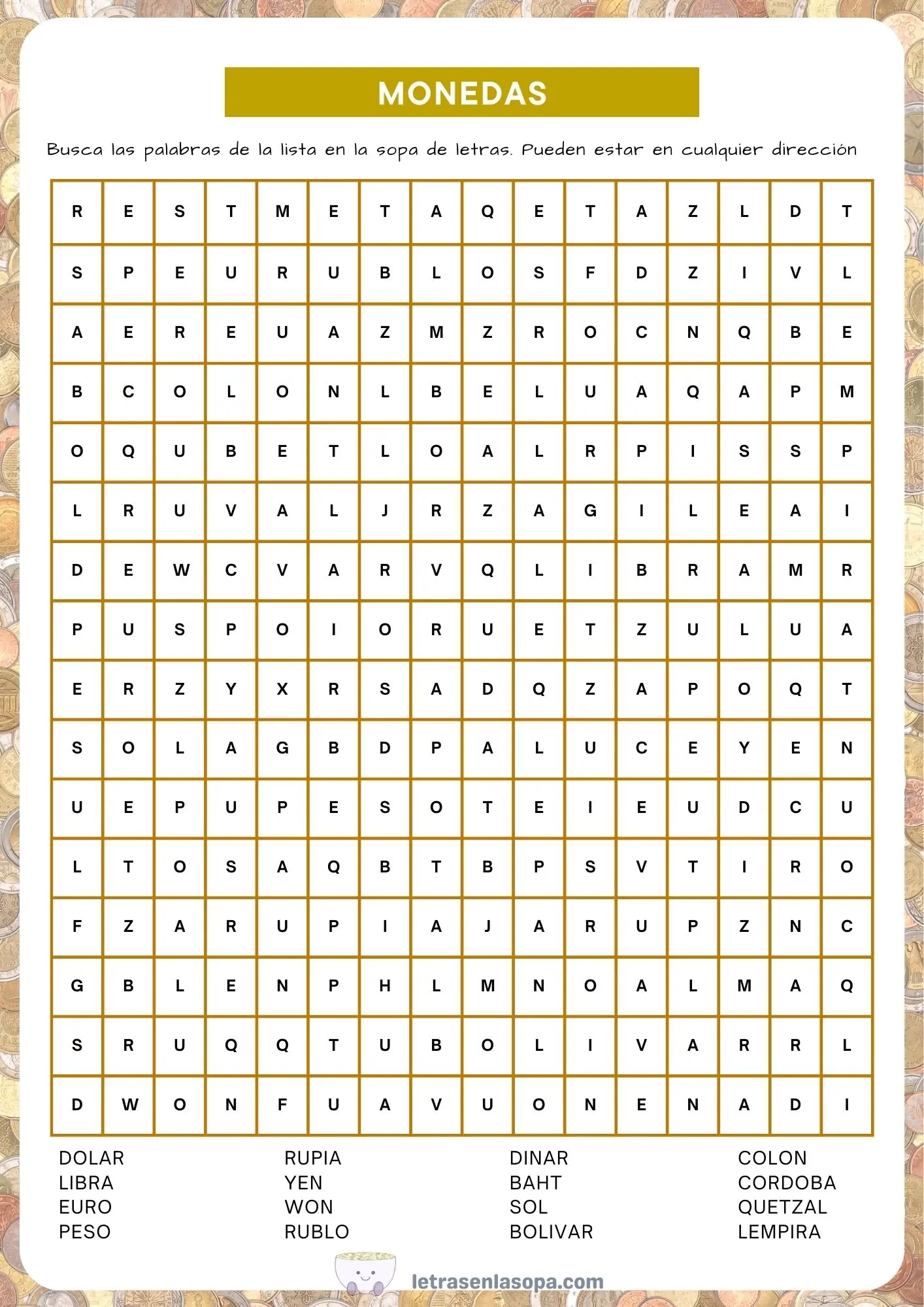 sopas de letras para adultos de monedas difíciles gratis imprimir